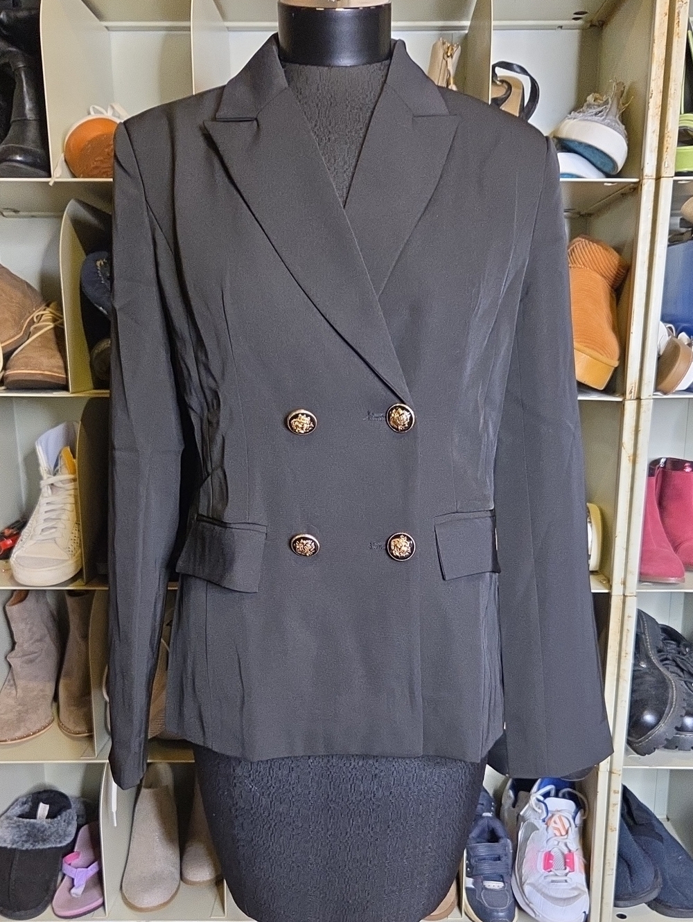 Double-Breasted Black Women's Blazer with Decorative Buttons